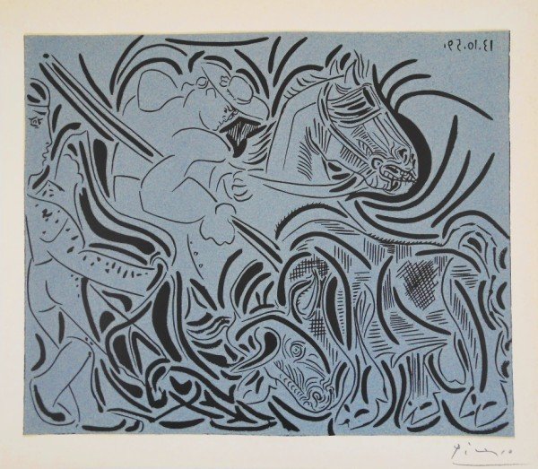 Pablo Picasso (1881-1973) Linoleum Cut: Picador Goading Bull (white). October 13, 1959 (black, light blue-gray). Facsimile color linoleum cut, Abrams edition, 1962, after the original by Pablo Picasso (1881-1973), created under the directio