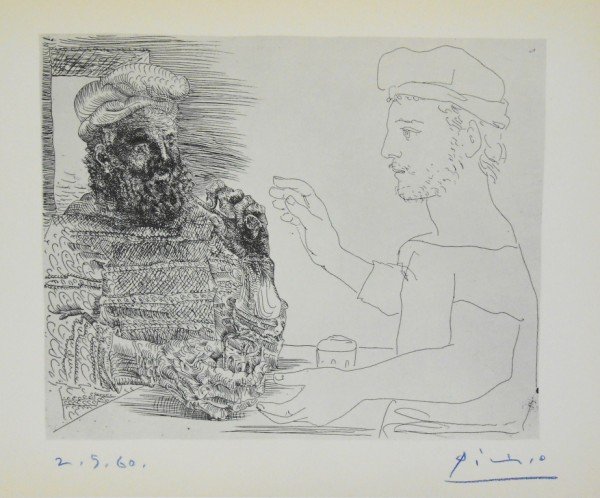 Pablo Picasso (1881-1973) Suite Vollard: Two Catalan Men (1933), black and white lithograph on white wove paper after the original etching by Pablo Picasso. The present lot, published circa 1956, is particularly interesting, as it bears a si