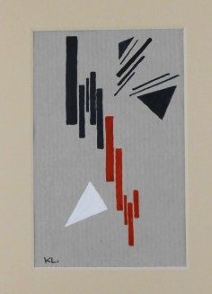 Lajos Kassak (1887-1967) Gouache: Original gouache on handmade grey paper, untitled composition, attributed to Lajos Kassak (1887-1967). Signed lower left with the artist's initials. Sight Dimensions: 5 5/8 x 3 5/8 inches. Very good c