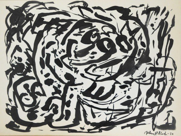 Jackson Pollock (1912-1956) Ink Drawing: Exceptional brush and black ink drawing, untitled abstract composition, by Jackson Pollock (1912-1956). Signed lower right and dated '50. 9 3/4 x 13 1/8 inches. Very good condition (mounted to board).