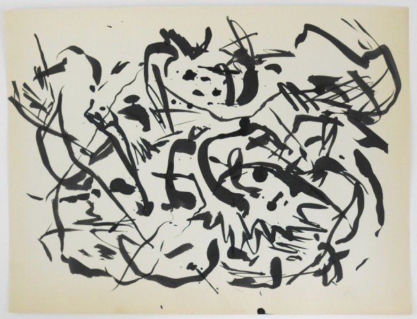 Jackson Pollock (1912-1956) Ink Drawing: Brush and black ink drawing on wove paper by Jackson Pollock (1912-1956). Unsigned. 10 x 13 1/4 inches. Very good overall condition. Unframed. Provenance: Arthur P. Gordon, Westchester, NY, and Beverl