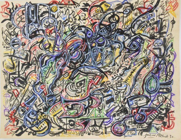 Jackson Pollock (1912-1956) Mixed Media Drawing: Extraordinary mixed media drawing, untitled abstract composition, by Jackson Pollock (1912-1956). Signed lower right and dated '50. 10 1/8 x 13 1/4 inches. Provenance: Arthur P. Gordon, Westchester, N