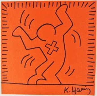 Keith Haring (1958-1990) Drawing: Original drawing, untitled, black marker pen on orange colored paper, by Keith Haring (1958-1990). Signed lower right. 9 1/4 x 9 1/4 inches. Very good condition. Unframed.