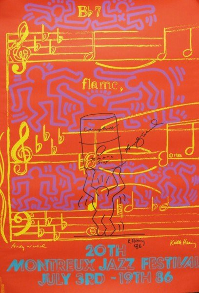 Keith Haring + Andy Warhol Signed Poster: Original poster, 20th Montreaux Jazz Festival July 3rd - 19th 86, designed by Andy Warhol and Keith Haring, signed and hand illustrated by both artists. The poster copyright MTO Switzerland; silkscree