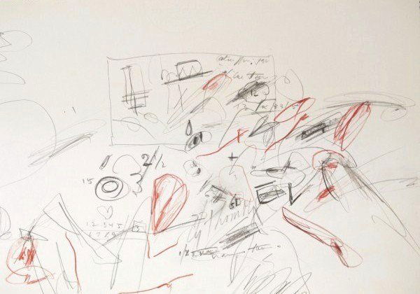 Cy Twombly (1928-2011) Abstract Drawing: Original graphite and red colored pencil drawing, untitled abstract, attributed to Cy Twombly (1928-2011). Signed. 8 1/4 x 11 1/2 inches. Very good condition. Unframed.Provenance: Property of a privat