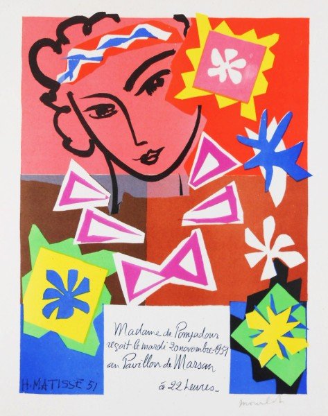 Henri Matisse (1869-1954) Original Lithograph: Original color lithograph printed in 1959 at the Impri Merie Nationale de France, by Mourlot Freres. After the poster, "Bal de L'Ecole des Arts Decoratifs," by Henri Matisse. Sheet size: 12 x 9 1/2 in