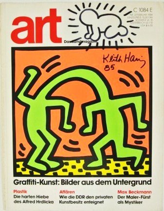 Keith Haring (1958-1990) Ink Drawing: Original black ink or marker pen drawing, untitled (baby), by Keith Haring (1958-1990). Signed and dated '85. Executed - probably as a souvenir - on the front cover of "Art: Das Kunstmagazin," Februar