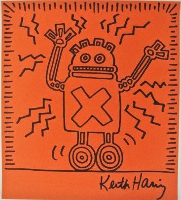 Keith Haring (1958-1990) Drawing: Original drawing, untitled, black marker pen on orange colored paper, by Keith Haring (1958-1990). Signed lower right. 10 x 9 inches. Very good condition. Unframed.