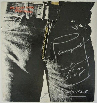 Andy Warhol (1928-1987) Album Cover Drawing: Original Andy Warhol (1928-1987) drawing executed on a record album cover, also designed by Andy Warhol, "The Rolling Stones: Sticky Fingers." Album cover is decorated in silver marker pen with the ar