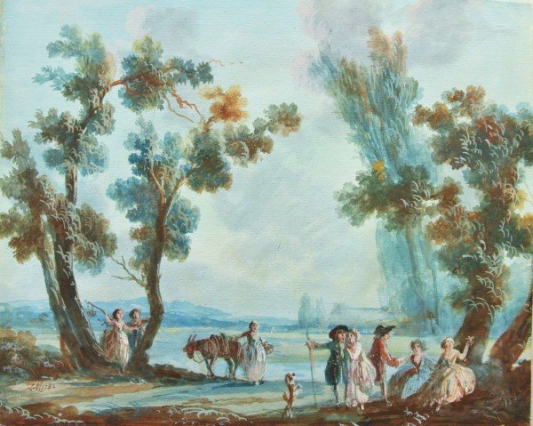 Louis Moreau (1740-1806) Watercolor: Original watercolor by Louis Gabriel Moreau (1740-1806), pastoral landscape with figures, signed with the artist's initials and dated 1784. 6 x 7 3/8 inches. Very good condition. Unframed.