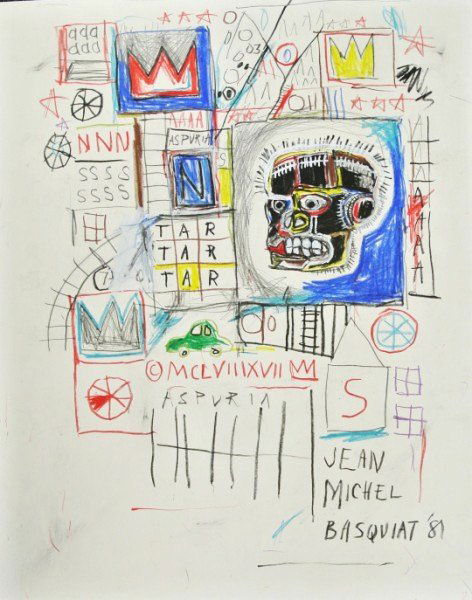 Jean-Michel Basquiat Mixed Media Drawing: Exceptional mixed media drawing, untitled composition, by Jean-Michel Basquiat (1960-1988). Signed lower right and dated '81. 25 x 20 inches. Very good condition (hinge remnants on reverse). Unframed.