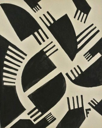 Otto Freundlich (1878-1943) Ink Drawing: Original black ink drawing, untitled geometric abstract, attributed to Otto Freundlich (1878-1943). Signed with the artist's initial. 8 3/8 x 6 3/4 inches. Very good condition. Unframed. Provenance: B