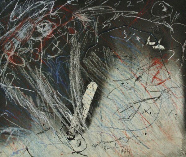 Cy Twombly (1928-2011) Mixed Media Drawing: Original mixed media drawing, abstract composition, attributed to Cy Twombly (1928-2011). Signed, indistinctly titled, and dated (1964). 9 3/8 x 11 inches. Very good condition (hinge remnants on rever