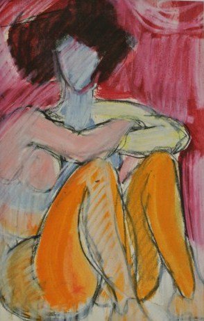 Mixed Media Drawing Signed "Park": Original mixed media drawing, seated figure, possibly in the manner of David Park (1911-1960). Signed high upper right. Probably circa 1950-55. 8 7/8 x 5 3/4 inches. Very good condition (hinge remnant