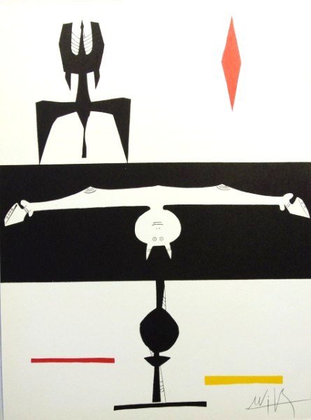 Wilfredo Lam (1902-1982) Signed Lithograph, 1953: Original color lithograph by Wilfredo Lam (1902-1982), abstract composition, untitled. Published in 1953 by Maeght, Paris. Pencil signed. Text on reverse, as published. 14 7/8 x 11 inches. Excellent c