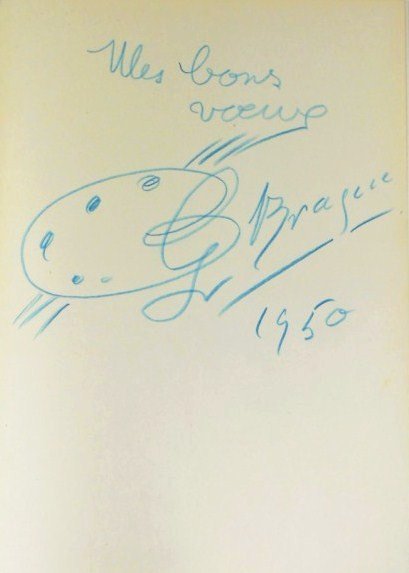 Georges Braque (1882-1963) Souvenir Drawing: Original souvenir book drawing, blue colored pencil, attributed to Georges Braque (1882-1963). Signed and dated 1950. Executed on the front end paper of "Georges Braque," published by the Museum of Mo