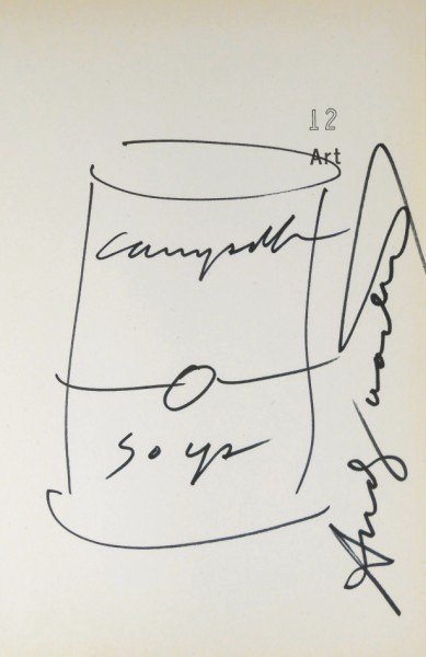 Andy Warhol (1928-1987) Souvenir Sketch: Original Campbell's Soup Can drawing by Andy Warhol (1928-1987). Black felt-tip pen on a page from Warhol's "The Philosophy of Andy Warhol," circa 1975-1980. 8 x 5 1/4 inches. Excellent condition (hin
