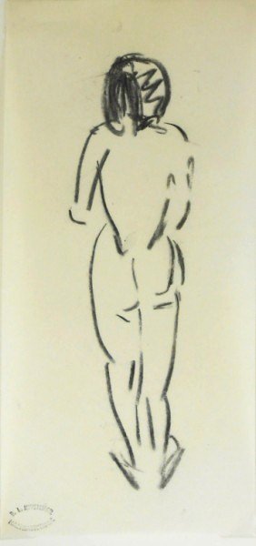 Ernst Ludwig Kirchner (1880-1938) Charcoal Sketch: Original charcoal sketch executed on very thin white drawing paper, study of a standing female nude, attributed to Ernst Ludwig Kirchner (1880-1938). Estate stamp lower left. 9 1/2 x 4 1/2 inches. Ver