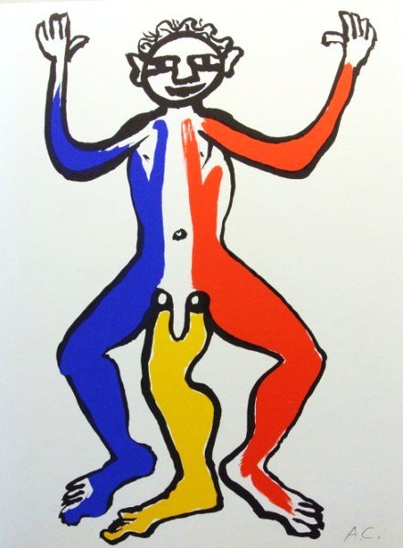 Alexander Calder (1898-1976) Signed Lithograph: Original color lithograph by Alexander Calder (1898-1976), pencil signed with the artist's initials, lower right. Printed in 1975 by Maeght, Paris. Text on reverse, as printed. 15 x 11 inches. Excelle
