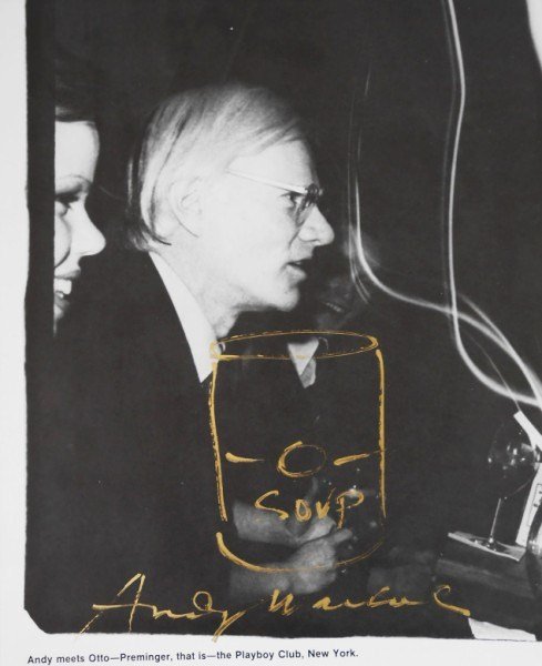 Andy Warhol (1928-1987) Souvenir Sketch: Original soup can souvenir drawing by Andy Warhol (1928-1987). Gold ink on a picture of Andy Warhol. Signed. 11 1/8 x 9 inches. Very good condition (hinge remnants on reverse). Unframed. Provenance: P