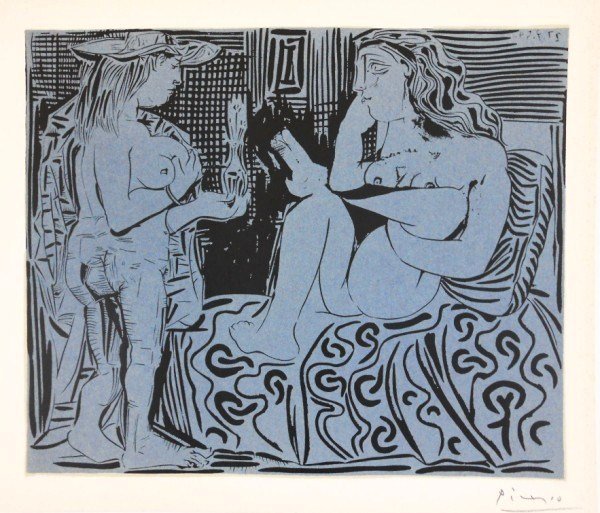 Pablo Picasso (1881-1973) Linoleum Cut: Two Women. September 27, 1959 (black, light blue-gray). Facsimile color linoleum cut, Abrams edition, 1962, after the original by Pablo Picasso (1881-1973), created under the direction of the artist u