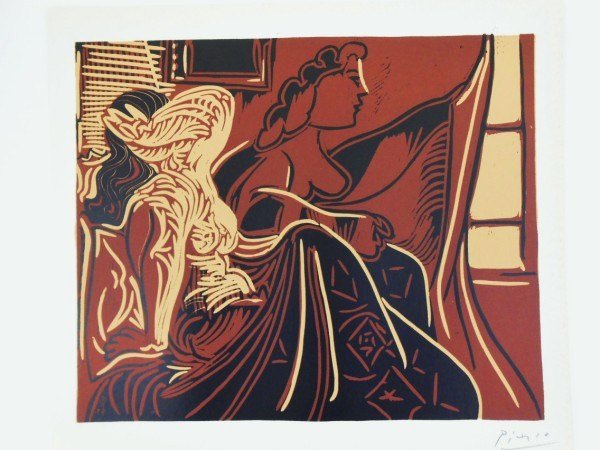 Pablo Picasso (1881-1973) Linoleum Cut: Two Women at the Window. November 15, 1959 (ocher, brown, black). Facsimile color linoleum cut, Abrams edition, 1962, after the original by Pablo Picasso (1881-1973), created under the direction of th