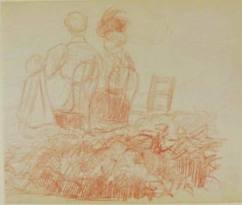 Henri Edmund Cross (1856-1910) Sanguine Drawing: Original sanguine drawing, Two Seated Figures in a Landscape, attributed to Henri Edmond Cross (1856-1910). Signed with the artist's stamp, lower right. 5 1/8 x 6 inches. Very good condition. Matted b