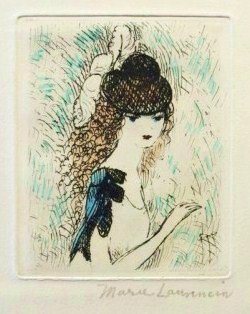 Marie Laurencin (1883-1956) Original Etching: Original etching, "Le Chapeau sur les Yeux," by Marie Laurencin, circa 1923. Image size: 3 3/8 x 2 3/4 inches. Pencil signed. Also signed on the reverse in another hand. Excellent condition. Unframed.