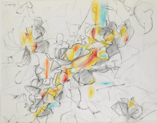 Arshile Gorky (1904-1948) Pencil Drawing: Exceptional pencil and colored pencil drawing, untitled abstract composition, attributed to Arshile Gorky (1904-1948). Signed high upper left. Executed on fine white wove paper. 8 5/8 x 11 inches. Pro