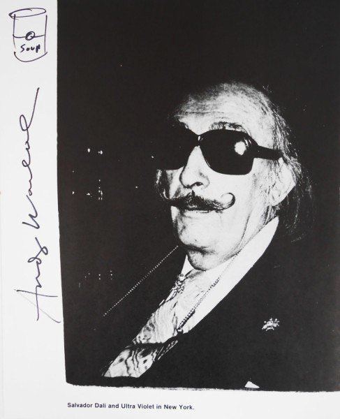 Andy Warhol (1928-1987) Souvenir Sketch: Andy Warhol (1928-1987) signed picture of Salvador Dali, with a small sketch of a Campbell's Soup Can. Black felt-tip pen. 11 1/8 x 9 inches. Very good condition (hinge remnants on reverse.) Unframed.