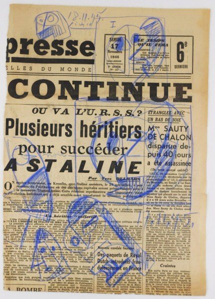 Pablo Picasso (1881-1973) Newspaper Sketch: Original sheet of blue colored pencil studies, executed on a section of the French newspaper, Paris-Presse, November 17, 1945. Attributed to Pablo Picasso (1881-1973). Signed. 11 3/4 x 8 1/2 inches. G