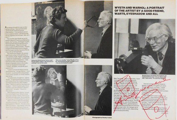 Andy Warhol (1928-1987) Signed Magazine Drawing: Original souvenir drawing by Andy Warhol (1928-1987), two soup cans, red marker pen on People Magazine article (issue dated April 26, 1976), "Wyeth and Warhol." Signed. 10 7/8 x 8 1/4 inches. Very goo