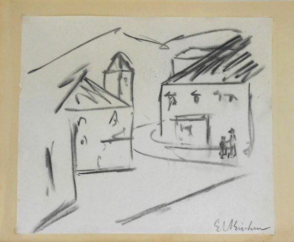 Ernst Ludwig Kirchner (1880-1938) Charcoal Sketch: Original charcoal sketch executed on very thin white drawing paper, village with buildings and figures, attributed to Ernst Ludwig Kirchner (1880-1938). Signed lower right. 7 1/2 x 8 5/8 inches. Very 
