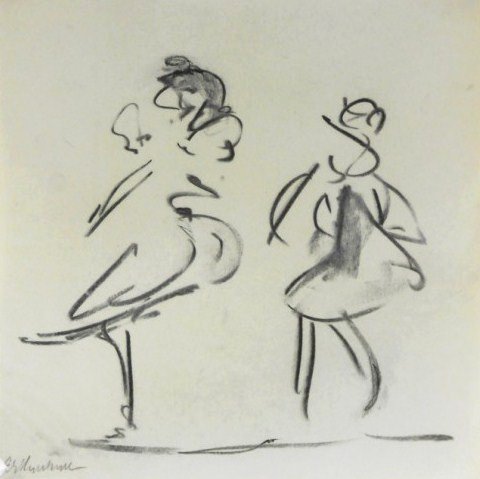 Ernst Ludwig Kirchner (1880-1938) Charcoal Sketch: Original charcoal sketch executed on very thin white drawing paper, study of two figures (possibly dancers), attributed to Ernst Ludwig Kirchner (1880-1938). Signed lower left. 8 3/8 x 8 1/2 inches. V