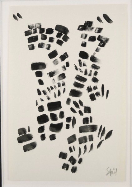 Nicolas De Stael (1914-1955) Ink Drawing: Original brush and ink drawing, untitled abstract, attributed to Nicolas de Stael (1914-1955). Signed lower right. 10 5/8 x 7 inches. Matted but unframed. Property of an estate. AUTHENTICATION & PROVE