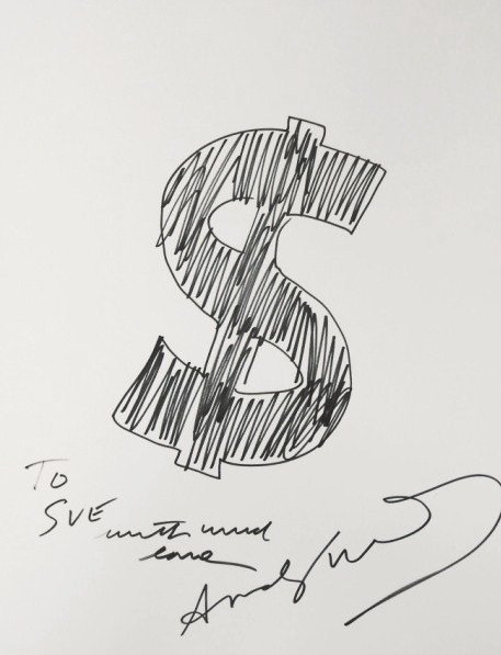 Andy Warhol (1928-1987) Souvenir Drawing: Original drawing of a dollar sign, black felt-tip pen on heavy white paper, by Andy Warhol (1928-1987). Signed and inscribed "To Sue with much love." 14 x 11 inches. Excellent condition (hinge remnant