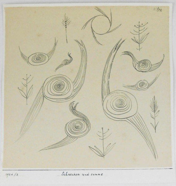Paul Klee (1879-1940) Pen & Ink Drawing: Original black pen and ink drawing,"Schnecken und Sonne" , attributed to Paul Klee (1879-1940). Signed high upper right. Titled and numbered on the artist's mount. 8 7/8 x 8 1/2 inches. Very good cond
