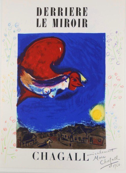 Marc Chagall (1887-1985) Signed Lithograph: Original color lithograph by Marc Chagall (1887-1985), pencil signed, lower right and dated 1960. Created as the cover for Derriere Le Miroir and embellished with colored pencil additions attributed t