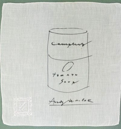 Andy Warhol (1928-1987) Handkerchief Sketch: Original black felt-tip pen drawing, Campell's "Tomato Soup" Can, by Andy Warhol (1928-1987). Executed on a monogrammed handkerchief. Signed. 12 x 11 3/4 inches. Very good condition. Provenance: Priva