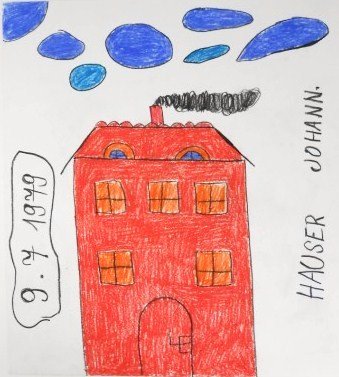 Johann Hauser (1926-1996) Colored Pencil Drawing: Colored pencil drawing, Red House, by Johann Hauser (1926-1996). Signed and dated. 11 1/2 x 10 1/4 inches. Matted but unframed.Property from a prominent German collection of European folk and "outside