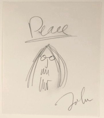 John Lennon (1940-1980) Caricature: Original self-portrait caricature,"Peace," executed in pencil, by/attributed to John Lennon (1940-1980). Signed. 7 x 6 inches. Very good condition (some areas of slight smudging). Unframed.Provenance: