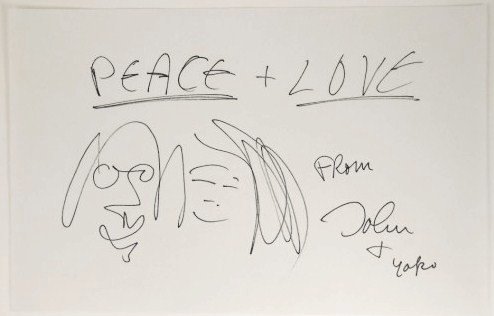 John Lennon (1940-1980) Self-Portrait With Yoko: Original self-portrait caricature with Yoko Ono,"Peace + Love," felt tip pen, by/attributed to John Lennon (1940-1980). Signed. 6 1/2 x 10 inches. Very good condition. Unframed.Provenance: Presumably