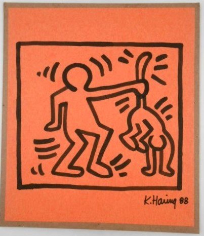 Keith Haring (1958-1990) Ink Sketch: Original black ink (or marker pen) sketch on colored construction paper, untitled (figure with monkey), by/attributed to Keith Haring (1958-1990). Signed, dated 1988. 10 1/4 x 9 inches. Very good cond