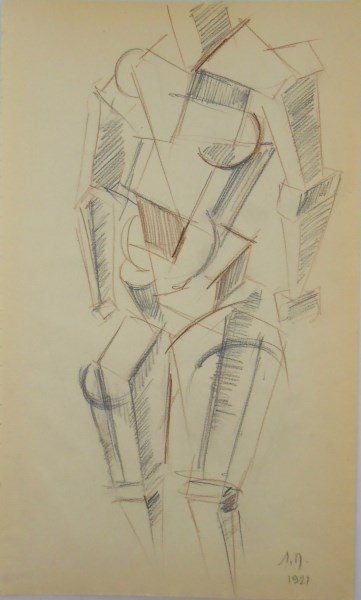 Russian Cubist Drawing, Dated 1921: Early 20th century Russian double-sided cubist drawing, graphite and colored pencil on laid paper, initialed and dated lower right. 13 1/4 x 8 inches. Very good condition. Unframed.