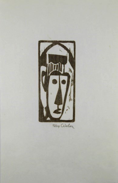 Max Weber (1881-1961) Original Signed Woodcut: Original woodcut by Max Weber (1881-1961), Head, pencil signed lower right. Very limited edition, circa 1950's. Image measures 4 1/4 x 1 7/8 inches. Sheet size: 9 3/4 x 6 1/4 inches. Excellent conditi