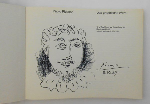 Picasso Signed Exhibition Catalog & Ink Sketch: Original exhibition catalog (text in German), "Das Graphische Werk," published in Zurich, 1968. Exhibition dates: May 25 - July 28, 1968. Catalog contains an original black ink drawing, portrait of a 