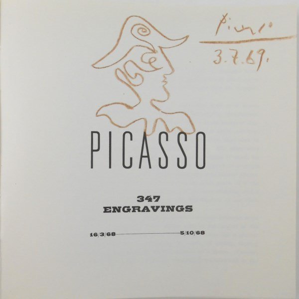 Pablo Picasso Signed Exhibition Catalog & Sketch: Exhibition catalog, "Picasso: 347 Engravings," published for a joint exhibition at The Art Institute of Chicago and Galerie Louise Leiris, 1968/69, containing an original brown pencil drawing attribut