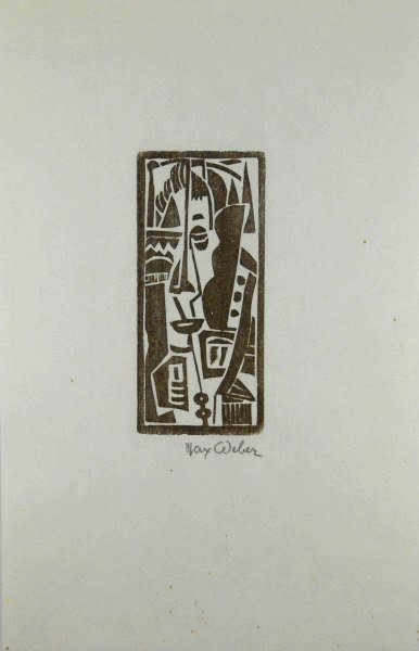 Max Weber (1881-1961) Original Signed Woodcut: Original woodcut by Max Weber (1881-1961), Abstract with Head, pencil signed lower right. Very limited edition, circa 1950's. Image measures 4 3/16 x 1 7/8 inches. Sheet size: 9 3/4 x 6 1/4 inches. Ex