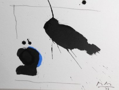 Robert Motherwell (1915-1991) Mixed Media Drawing: Original mixed media drawing on heavy white watercolor paper, untitled abstract, attributed to or in the manner of Robert Motherwell (1915-1991). Signed with the artist's intials and dated '73, lower