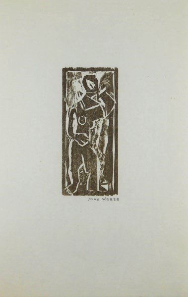 Max Weber (1881-1961) Original Signed Woodcut: Original woodcut by Max Weber (1881-1961), Standing Figure, pencil signed lower right. Very limited edition, circa 1950's. Image measures 4 1/4 x 1 7/8 inches. Sheet size: 9 3/4 x 6 1/4 inches. Excell